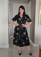 Vestido Chemise Midi em Viscose com Linho Botões e Bolsos Preto