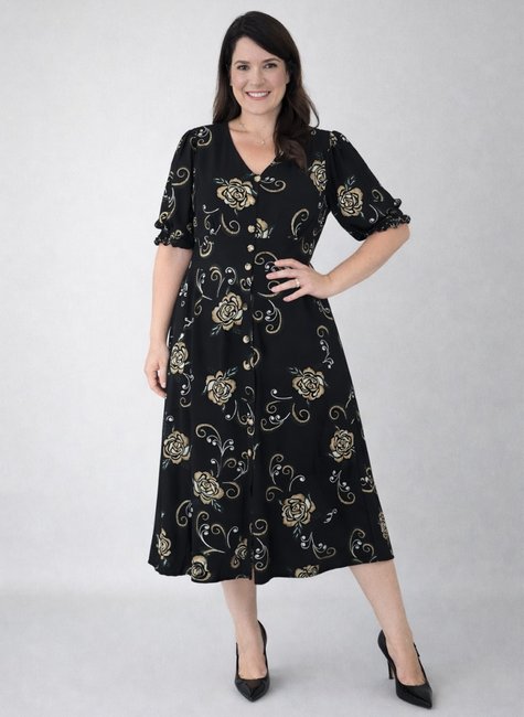 Vestido Chemise Midi em Viscose com Linho Botões e Bolsos Preto