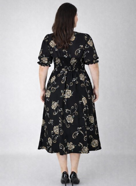 Vestido Chemise Midi em Viscose com Linho Botões e Bolsos Preto