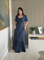 Vestido Longo Jeans Cintura Marcada com Babado 100%Algodão