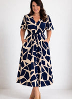Vestido Midi em Viscolinho com Mangas Fluidas e Bolsos Azul