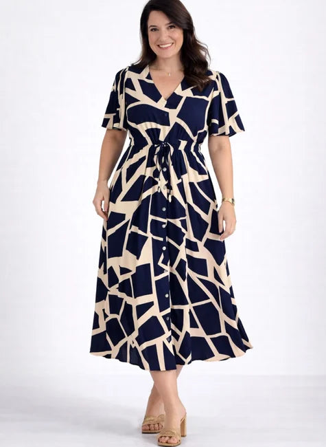 Vestido Midi em Viscolinho com Mangas Fluidas e Bolsos Azul