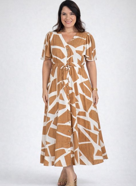 Vestido Midi em Viscolinho com Mangas Fluidas e Bolsos Beje